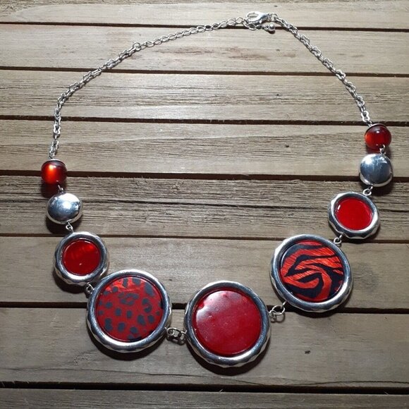 Necklace Large Red Disc Zebra Stripe Leopard Spot Christmas Valentine - Picture 1 of 10